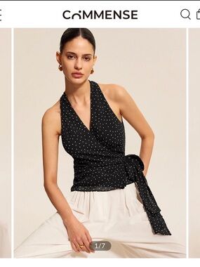 COMMENSE Black Polka Dot Wrap Tie Halter Top